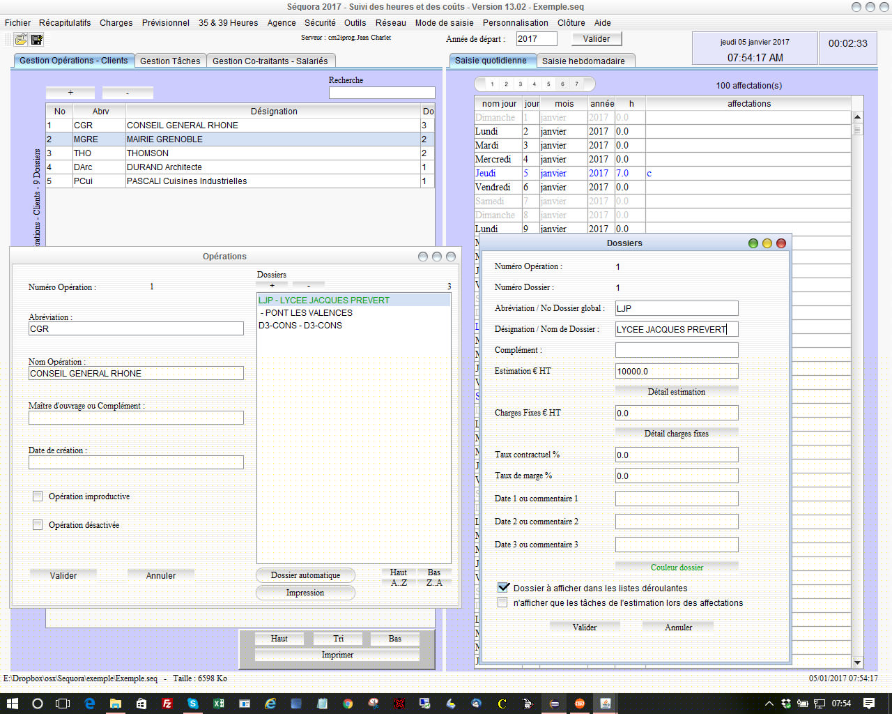 couleurs des dossiers gestion des temps et pointage des heures Séquora 13.02